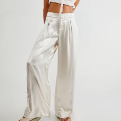 Free People Good Day Satin Trousers In I Believe The Color Marzipan - A Shiny, Silvery Off-White Sort Of Color. Absolutely Beautiful And Would Be Super Easy To Dress Up Or Down, Brand New With Tags Still Attached Elegant Cream Wide Leg Pants For Summer, Crochet Jumpsuits, Striped Flare Pants, Free People Leggings, Teal Leggings, Light Blue Tie, Orange Leggings, Printed Yoga Leggings, Satin Trousers