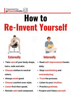 how to re - inventt yourself poster with the words, instructions and examples