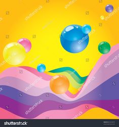 an abstract background with soap bubbles floating in the air over colorful waves and yellow sky