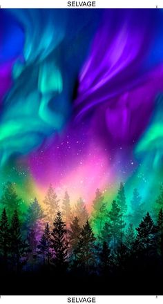 an aurora bore is shown in the sky with trees and stars above it, as well as