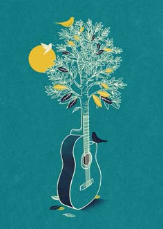 an illustration of a guitar and tree with birds perched on the branches, against a blue background