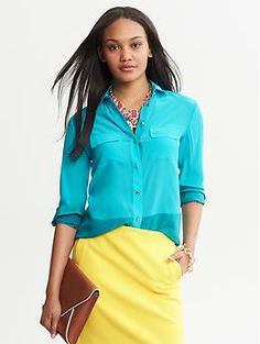 Colorblock Silk Blouse | Banana Republic Chic Tops With Pockets And Spread Collar, Chic Workwear Blouse With Roll-up Sleeves, Chic Blouse With Roll-up Sleeves For Work, Chic Workwear Shirt With Roll-up Sleeves, Chic Shirt With Roll-up Sleeves For Work, Button-up Blouse With Welt Pockets For Work, Spring Blouse With Pockets And Fold Down Collar, Long Sleeve Tops With Welt Pockets, Workwear Blouse With Welt Pockets