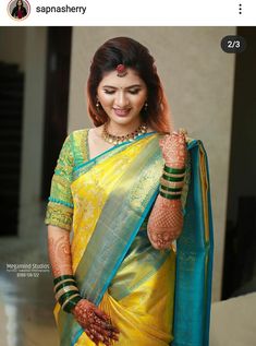 Haldi Look For Bride In Saree Marathi, Shalu Saree Maharashtrian, Marriage Hairstyle, Haldi Saree, Haldi Kumkum, Engagement Saree, Marathi Bride, Latest Silk Sarees, New Saree Designs