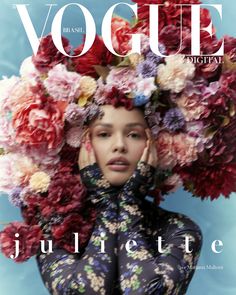 a woman with flowers on her head is featured in the cover of a fashion magazine