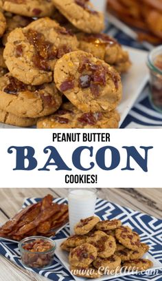 peanut butter bacon cookies on a blue and white tablecloth with text overlay that reads, peanuts butter bacon cookies