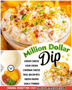 an advertisement for a mexican dish called million dollar dip with cheese and other toppings