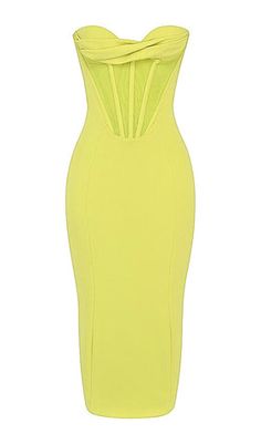 Chic Yellow Fitted Strapless Dress, Yellow Stretch Evening Dress, Fitted Sleeveless Evening Bandage Dress, Yellow Fitted Backless Dress, Summer Cocktail Bandage Dress With Sweetheart Neckline, Stretch Strapless Bandage Dress, Fitted Yellow Backless Dress, Strapless Bandage Dress With Fitted Bodice For Summer, Summer Bandage Dress With Sweetheart Neckline For Night Out