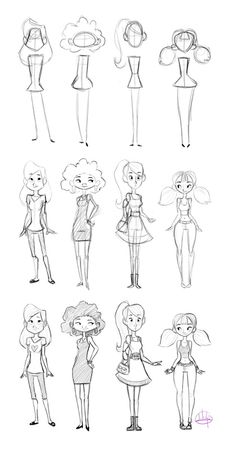 a bunch of cartoon character poses drawn in pencil