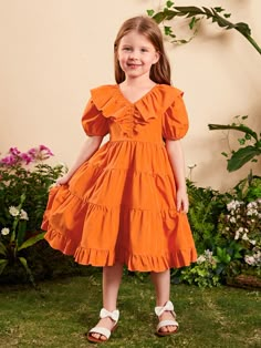 Young Girl Ruffle Trim Puff Sleeve Dress Orange Cute  Short Sleeve Woven Fabric Plain A Line Slight Stretch  Young Girls Clothing, size features are:Bust: ,Length: ,Sleeve Length: Girl Dresses Kids, Orange Kids, Girls Orange Dress, Ruffle Sleeve Dress Kids, Toddler Dress Patterns Shein, Kids Yellow Dress, Baby Girl Tulle Dress, Yellow Princess Dress Kids, Baby Orange