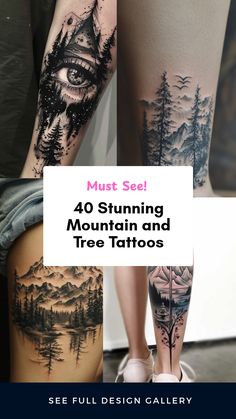 This pin showcases 4 different mountain and tree tattoos that beautifully represent nature in unique and creative designs. Perfect ideas for anyone wanting to get a meaningful nature-inspired tattoo! Mountain Hand Tattoo, Mountain And Trees Tattoo, Forest Leg Tattoo, Tree Tattoo Designs For Women, Mountain And Tree Tattoo, Mountain Sleeve Tattoo, Redwood Tattoo, Forest Forearm Tattoo, Wilderness Tattoo