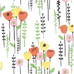 colorful flowers and leaves on a white background with black, pink, yellow and green accents