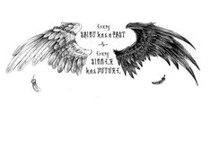 an ink drawing of two black and white wings with words written on the wings above them