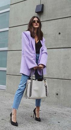 Outfit Formal Mujer, Mantel Outfit, Blazer Jeans, Purple Outfits, Summer Work