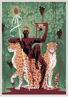 an illustration of two men with spears and leopards in front of green foliage, surrounded by trees