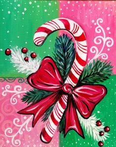 an acrylic painting of candy canes and holly on pink, green and red background