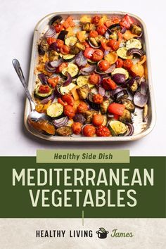 healthy side dish mediterranean vegetables with text overlay