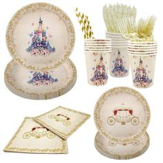 a set of plates, cups and napkins with disney castle designs on the front