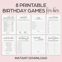 the 8 printable birthday games for her is shown in black and white with pink background