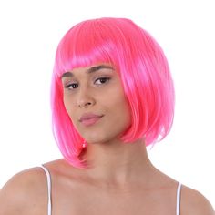 Complete your fancy dress look with this Glamorous short Bright Pink Bob Wig! This 20s Inspired style is the perfect option for anyone looking to add some Fun and Bright Flare to their outfit or costume. Soft and comfortable, you can rest assured knowing you can dance the night away in comfort!  The Wig has a boxy fringe look, adding a stylish and chic look. One Size Fit's Most. Neon Fancy Dress, Pink Bob Wig, Pink Bob, 1980s Party, Bob Wig, Party Festival, Bob Wigs, Fancy Dress, Bright Pink