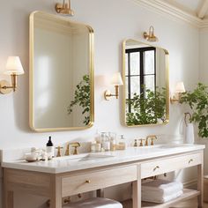 a bathroom with two sinks, mirrors and plants in the corner on either side of the sink