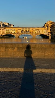 the shadow of a person standing in front of a bridge with buildings on either side