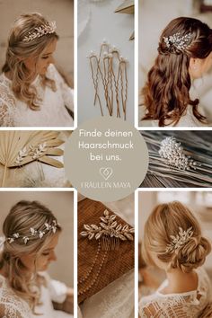 a collage of photos showing different hairstyles and hair accessories for brides