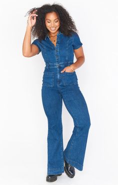 Everhart Jumpsuit ~ Lunar Blue – Show Me Your Mumu Collared Denim Jumpsuit With Button Closure, Retro Fitted Overall Bottoms, Fitted Cotton Denim Jumpsuit With Button Closure, Trendy Collared Jumpsuits And Rompers With Button Closure, Retro Fitted Overalls, Fitted High-rise Denim Jumpsuit With Button Closure, Vintage Denim Jumpsuit For Work, Fitted Collared Denim Jumpsuit For Summer, Fitted Medium Wash Denim Jumpsuit With Button Closure