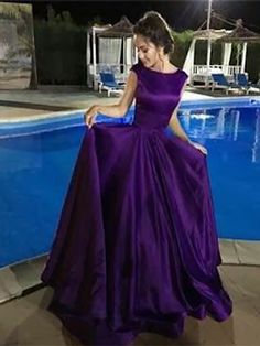 A-Line Bateau Sleeveless Floor-Length With Ruffles Satin Dresses at Hebeos Evening Dress Long, Purple Prom, Backless Evening Dress, Backless Prom Dresses, Gown Prom, Purple Satin, Grad Dresses, Satin Prom Dress, Ball Gowns Prom