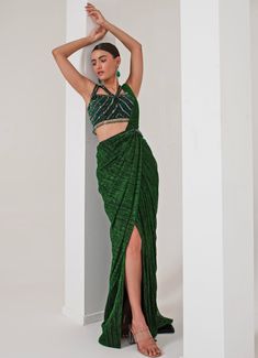 Emerald Green Pre - Draped Saree Akara - Fabilicious Fashion Blouse Halter Neck, Sangeet Saree, Halter Neck Blouse, Halter Neck Blouses, Green Drapes, Draped Saree, Embellished Belt, Drape Dress, Vacuum Storage