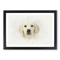 a dog's face is framed in black and white, with watercolor paint