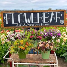 a sign that says flowerbar fresh from our farm with potted flowers in the foreground