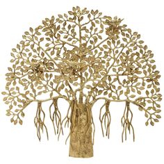 a gold tree with lots of leaves on it's branches and roots in the center