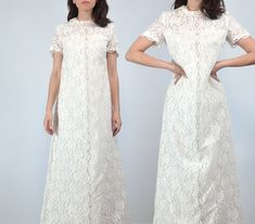 Lovely vintage 1960s lace wedding dress with a ruffle neckline, buttons trailing down the center front and a sleek and simple a-line silhouette. ✈ Measurements ✈ * Taken from SEAM to SEAM with garment lying flat *  Shoulder to Shoulder * 13.5" Bust * 16.25" Sleeve * 2.25" Waist * 15" Hips * 17.75" Length * 54.75" ✈ Specifics ✈ Label: Party Time Fashions, Toronto Tagged Size:  Approx. Fit: XXS to Extra Small Color: Off-White Material: -- Condition: Light discolouration (yellowing) on front button Vintage Sheath Wedding Dress, 1960s Wedding Dress, 1960s Wedding, Sheath Wedding, Vintage Short, Lace Hem, Lace Ruffle, Scalloped Lace, Lace Gown