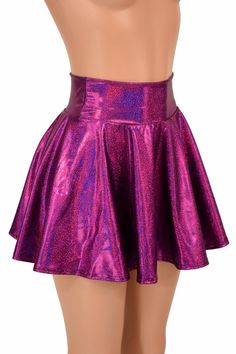 "This item is made to order, please read all the way through the listing before purchasing! Sparkling Fuchsia holographic mini skirt. This fabric has such a gorgeous sparkling rainbow holographic effect! It is made of four way stretch lycra spandex. It has a soft, spandex waistband (elastic free) that sets at the natural waist. Need help choosing \"Length\"? Watch this video: https://www.youtube.com/watch?v=qTKmmJGrjW8&t=1s Womens Sizing (See below for instructions on where measurements shou Shiny Stretch Mini Skirt, Shiny Fitted Skirt For Party Season, Fitted Shiny Skirt For Party Season, Rave Style Mini Skirt For Night Out, Purple Mini Skirt For Party, Metallic Stretch Mini Skirt, Metallic Mini Skirt With Stretch, Spring Rave Party Skirt, Rave Mini Skirt For Spring