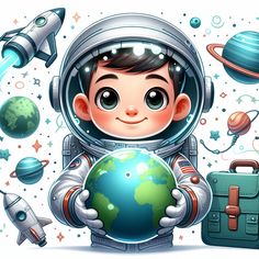 a boy in an astronaut's suit holding a globe with other space related objects around him