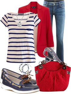 "Nautical Style" by eimajpa ❤ liked on Polyvore Mode Ab 50, Casual Thanksgiving Outfits, Stile Casual Chic, Nautical Outfits, Nautical Style, Nautical Fashion, Business Casual Outfits, Mode Inspiration, Red Jacket