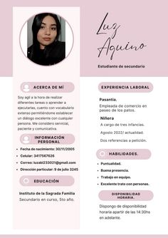 a pink and white resume with a photo on the front, an image of a woman's face