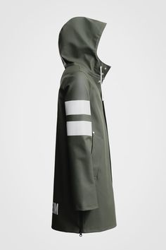 Stockholm Matte Raincoat Dark Green | STUTTERHEIM Modern Raincoat With Detachable Hood And Long Sleeves, Functional Raincoat With Double-lined Hood And Long Sleeves, Sporty Weatherproof Hooded Parka, Urban Raincoat With Double-lined Hood For Streetwear, Urban Streetwear Raincoat With Double-lined Hood, Sporty Hooded Outerwear With Reflective Details, Green Sporty Raincoat With Adjustable Hood, Sporty Green Raincoat With Adjustable Hood, Urban Raincoat With Double-lined Hood