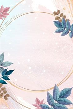 a pink and blue background with leaves on the bottom, gold circle in the middle