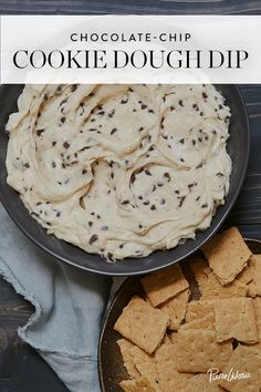 chocolate chip cookie dough dip in a skillet with crackers on the side next to it