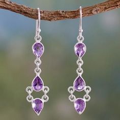 Amethyst dangle earrings, 'Mystic Wonder' - Amethyst and Sterling Silver Indian Earrings Purple Stones Crystals, Engagement Earrings, Types Of Earrings, Turquoise Drop Earrings, Retro Earring, Purple Earrings, Indian Earrings, Amethyst Jewelry, Amethyst Earrings