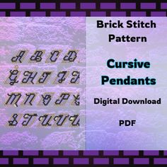 the brick stitch pattern for cursive pendants is shown in purple and green