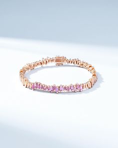 Suzanne Kalan Golden Pink Sapphire ID Bracelet in 18k rose gold Fine Jewelry Rose Gold Diamond Bracelet With Baguette Cut, Rose Gold Baguette Cut Diamond Bracelet, Rose Gold Bracelets With Baguette Diamonds, Luxury Pink Sapphire Bracelets, Elegant Baguette Cut Rose Gold Diamond Bracelet, Elegant Rose Gold Baguette Cut Diamond Bracelet, Luxury Rose Gold Pink Sapphire Jewelry, Rose Gold Baguette Cut Tennis Bracelet For Formal Occasions, Elegant Rose Gold Baguette Diamond Tennis Bracelet