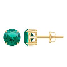 Elegant Created Emerald Solitaire Stud Earrings in Gold Lab Created Emerald - ( AAAA ) - Quality - Rosec Jewels Emerald Earrings With Prong Setting In Round Cut, Round Cut Emerald Earrings In Prong Setting, Round Cut Emerald Earrings With Prong Setting, Formal Earrings With May Birthstone In Round Cut, Gold Emerald Earrings With Brilliant Cut, Present For Her, Party Attire, Lab Created Emerald, Solitaire Earrings