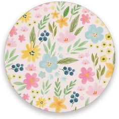 a pink plate with colorful flowers on it