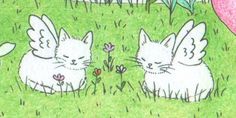 two cats are sitting in the grass with wings on their heads and one cat has its eyes closed