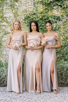 three bridesmaids pose for a photo in front of a wall with greenery