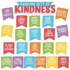 random acts of kindness stickers on a white background with colorful flags and words in different colors