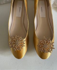 "Beautiful and elegant almost Flat Satin Shoes, heel is only 1/2\" it adds beauty and elegance to this classic style; crystals embellishment only GOLD Color; shoes pictured Gold/Mustard color, i suggest to order color swatches samples if, you need a close match to your color, below find the link to order color swatches. BY PURCHASING THIS LISTING, YOU AGREE TO HAVE READ ALL INFORMATION, AND SHOP POLICIES. THANK YOU! EVERY SHOES ORDER IS HAND EMBELLISHED IN ORDER OF ARRIVAL THEREFORE, SHOES CAN N Gold Low Heel Flats For Party, Gold Closed Toe Flats For Evening, Formal Closed Toe Flats With Rhinestones, Elegant Flat Wedding Shoes With Rhinestones, Gold Flats For Evening With Flat Heel, Elegant Low Heel Flats With Rhinestones, Gold Flats For Evening, Gold Flats For Evening Occasions, Formal Embellished Flats With Low Heel