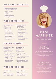 a pink and purple resume with a chef's hat on top